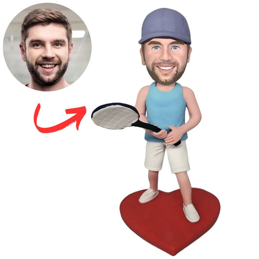 Custom Tennis Bobbleheads Male Tennis Player in Heart Base