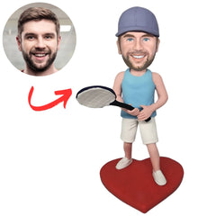 Custom Tennis Bobbleheads Male Tennis Player in Heart Base