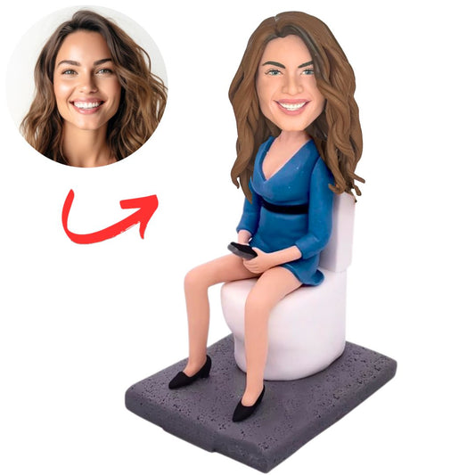 Personalized Humorous Bobbleheads Woman in Skirt Squatting on Toilet