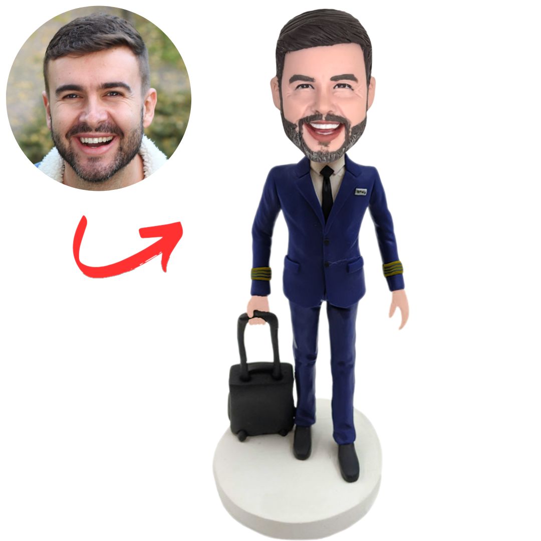 Personalized Bobbleheads Pilot Pulling a Suitcase