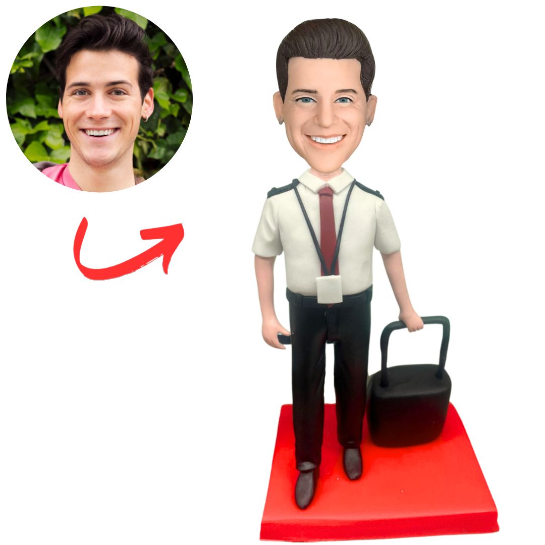 Custom Bobbleheads Cool Male Pilot Ppulling a Suitcase