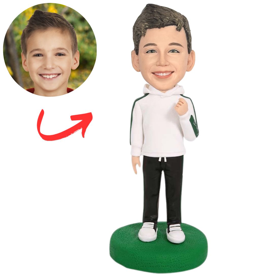 White Hoodie Happy Boy Custom Child Bobbleheads