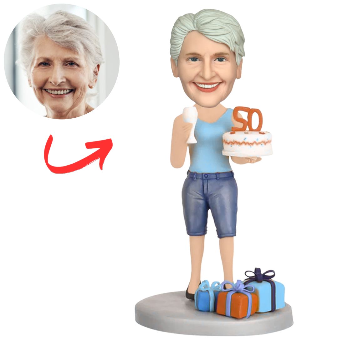 Woman with Birthday Cake and Gifts Box Custom Bobbleheads Birthday Gifts
