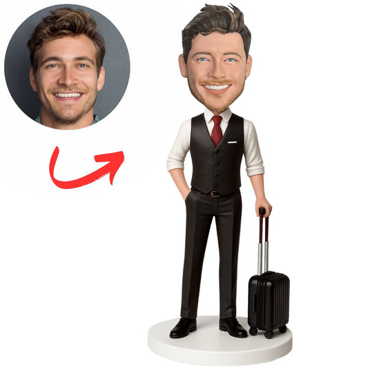 Male Flight Attendant Carrying Suitcase Personalized Bobbleheads