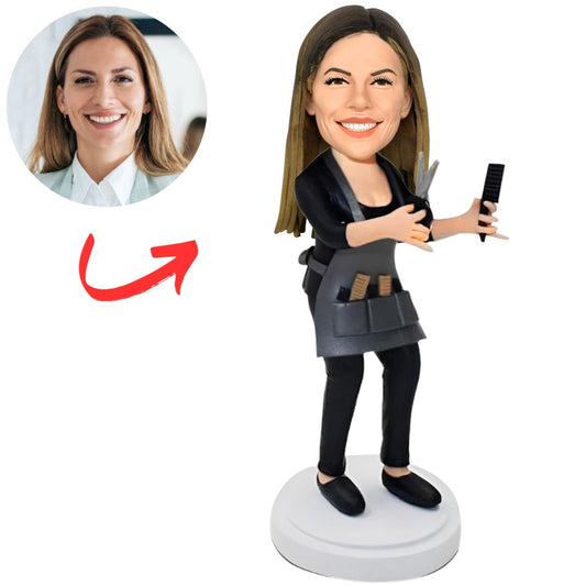 Female Hairdresser Holding Scissors and Comb Personalized Bobbleheads
