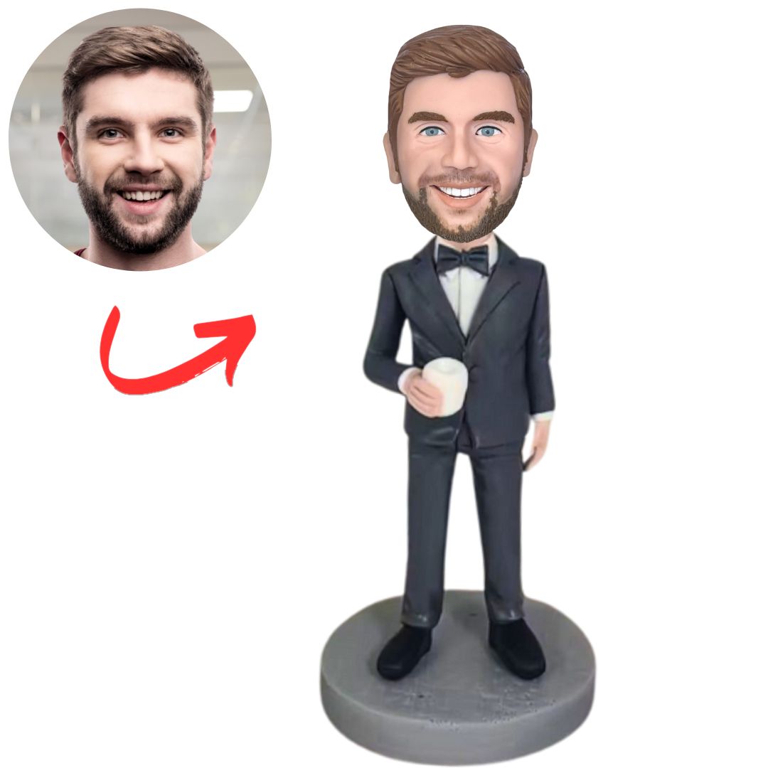 Black Suit Boss Holding Cup Personalized Bobbleheads