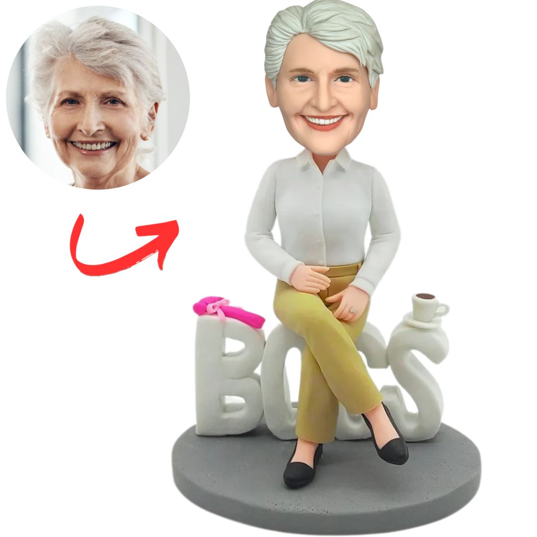 Female Boss Sitting on BOSS Base Personalized Boss Bobbleheads