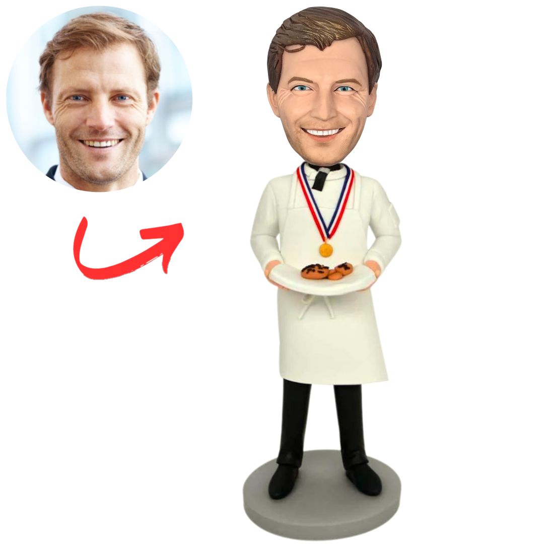 Gold Medal Pastry Chef Holding Pastries Custom Bobbleheads