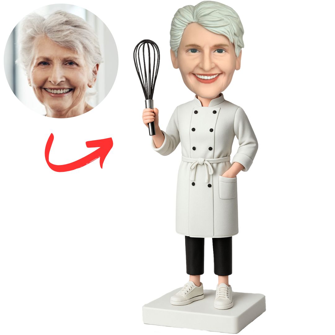 Female Chef Holding an Egg Beater Personalized Chef Bobbleheads