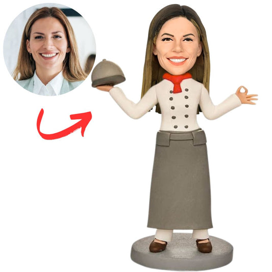 Female Chef Serving Dishes Personalized Chef Bobbleheads