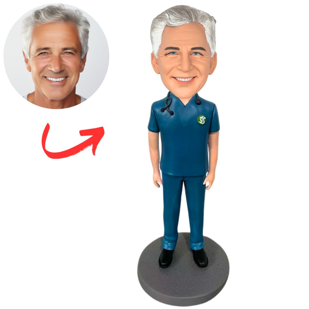 Blue Scrub Doctor with Stethoscope Personalized Doctor Bobbleheads