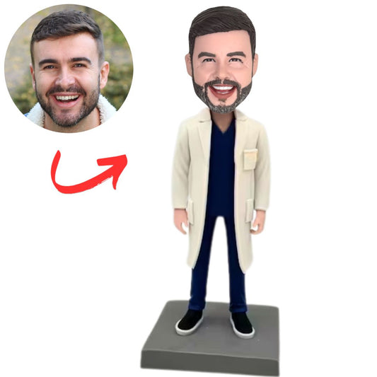 Blue Scrub White Coat Doctor Personalized Doctor Bobbleheads