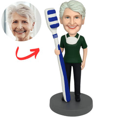 Green Scrub Female Dentist with Toothbrush Custom Bobbleheads