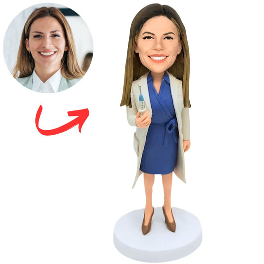 Personalized Bobblehead Female Doctor Holding a Syringe
