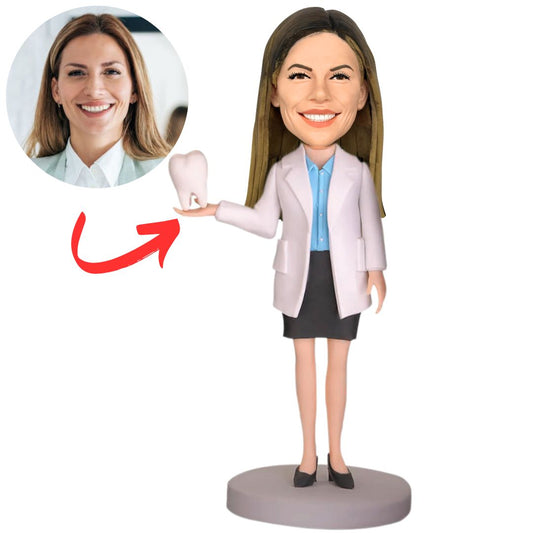 Personalized Bobblehead Female Doctor Holding a Tooth
