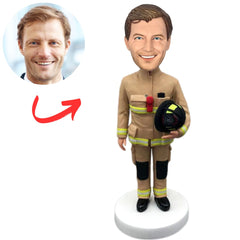 Firefighter in Tan Uniform Holding Helmet Custom Bobbleheads