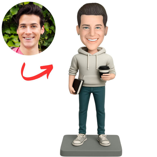 Custom Bobbleheads Programmer Holding Laptop And Drinking Coffee