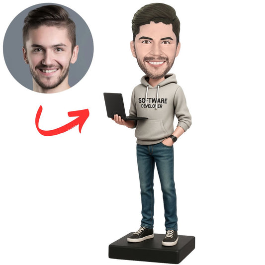 Custom Bobbleheads Programmer in Grey Hoodie