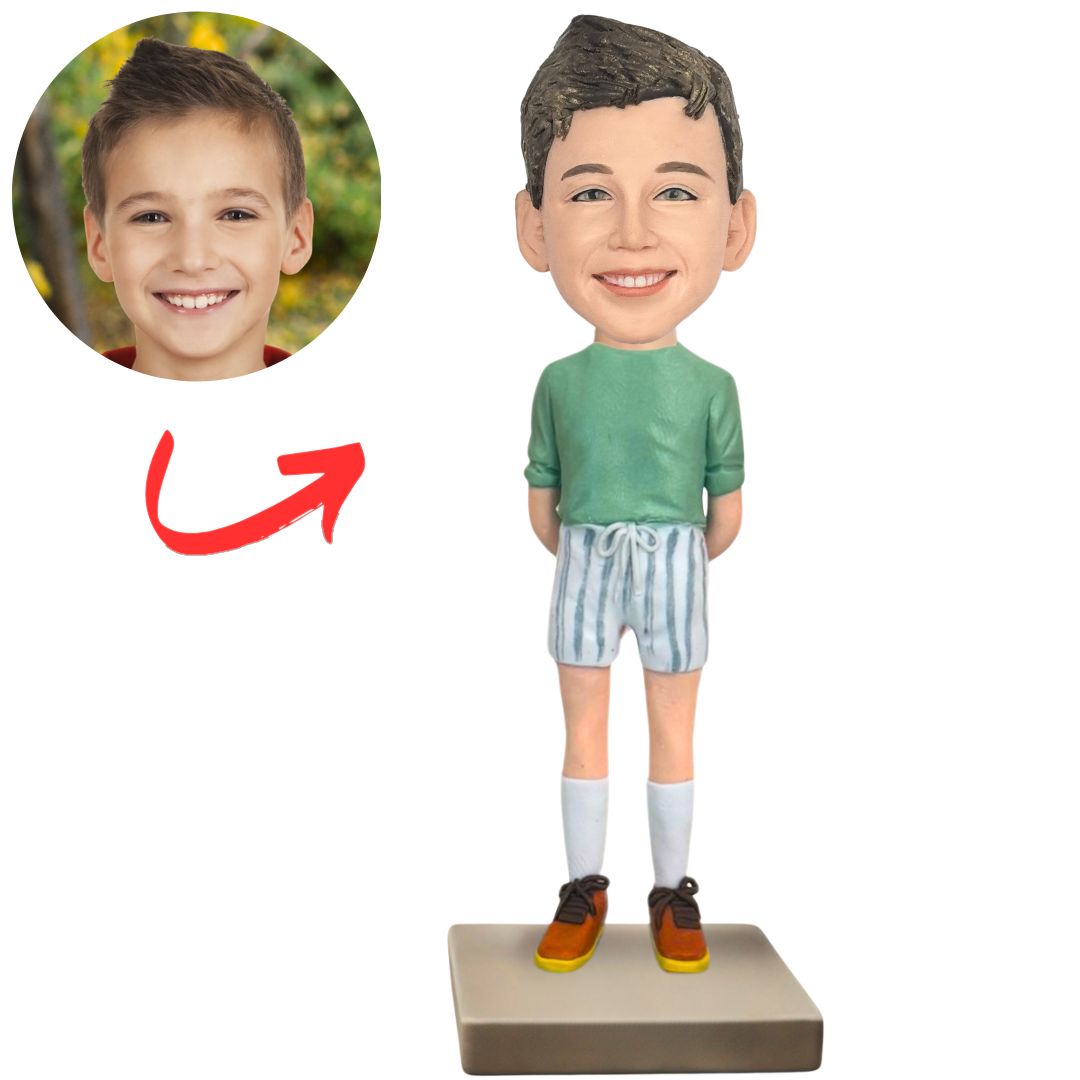 Casual Kid in Green Shirt Custom Bobbleheads