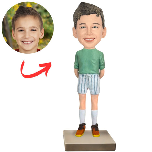 Casual Kid in Green Shirt Custom Bobbleheads