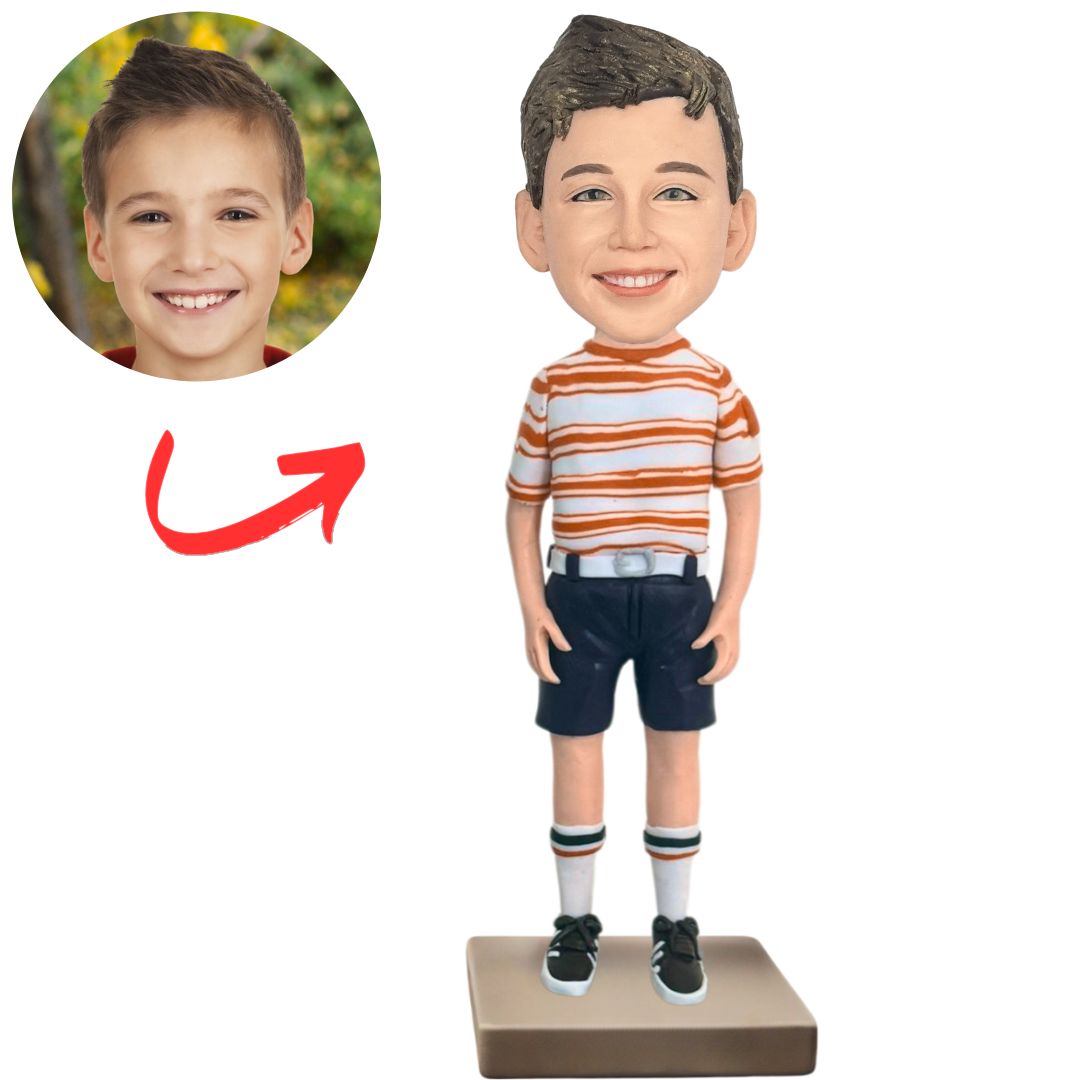Casual Kid in Green Striped Custom Child Bobbleheads