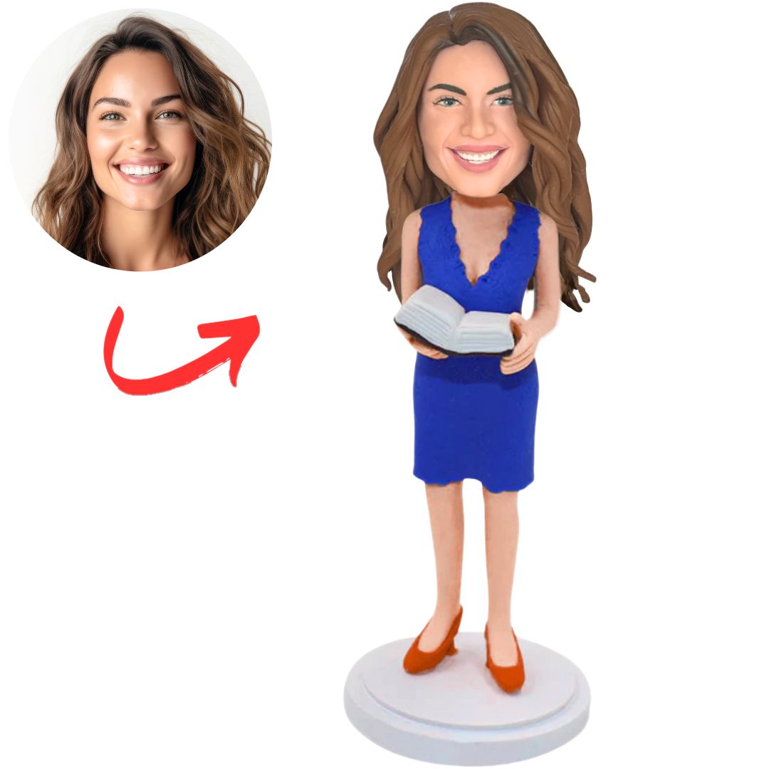 Personalized Female Teacher in Blue Skirt Bobbleheads