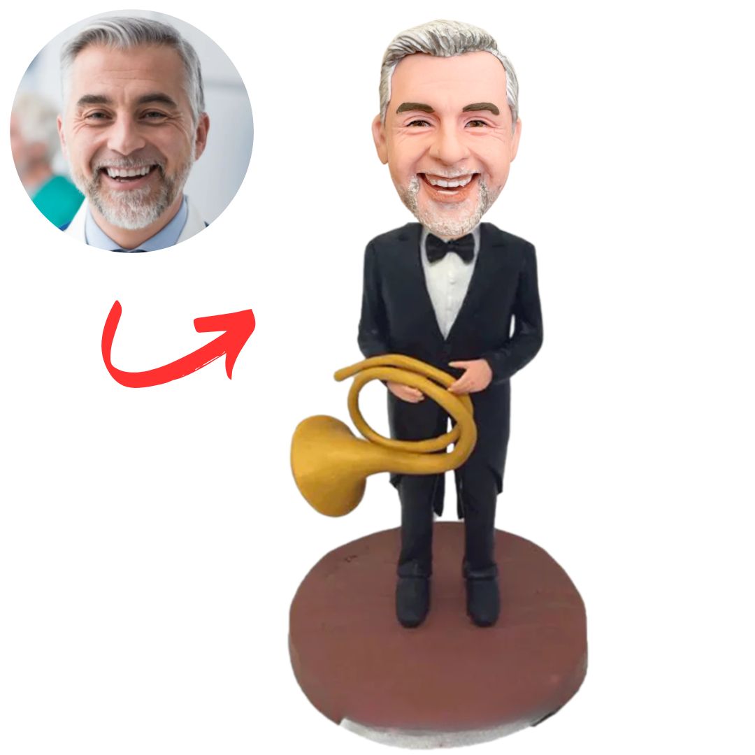 Musician in Tuxedo Holding French Horn Custom Bobbleheads