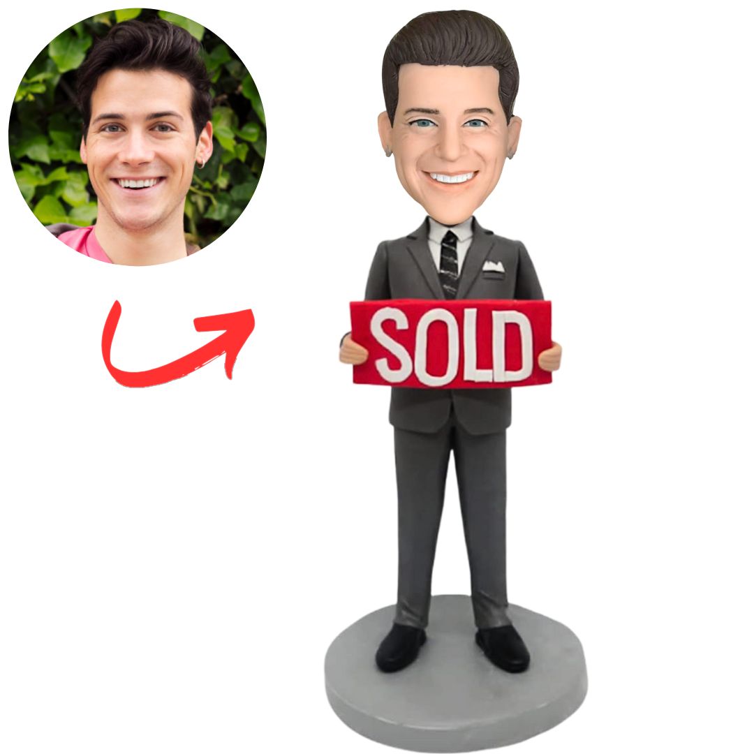 Realtor SOLD Sign Pose Gift for Closers Custom Bobbleheads