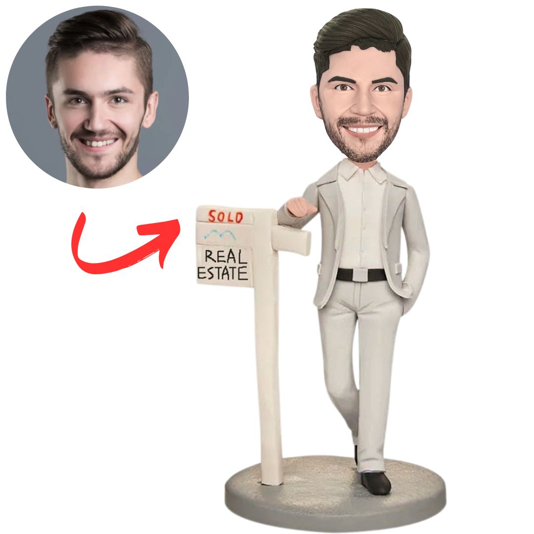 Realtor in Gray Suit with SOLD Sign Custom Bobbleheads