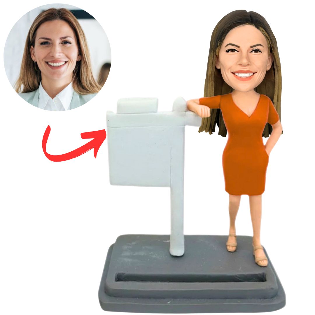 Female Real Estate Agent with Card Holder Base Custom Bobbleheads