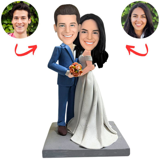 Bride & Groom Embracing with Bouquet Wedding Couple Custom Bobbleheads