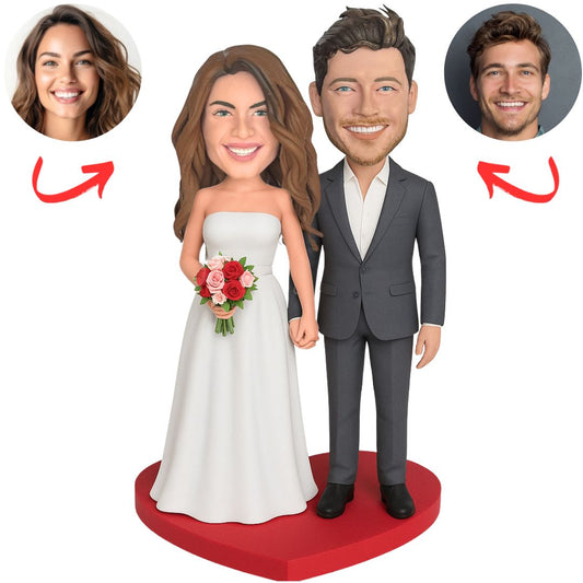 Wedding Couple Holding Hands on Heart Base Personalized Bobbleheads