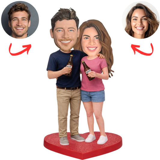 Casual Couple Holding Beer Bottles Custom Bobbleheads