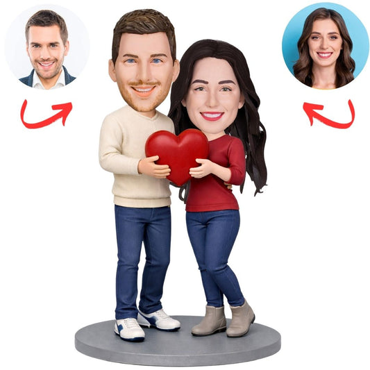Couple Wearing Casual Shirts Holding Heart Custom Bobbleheads