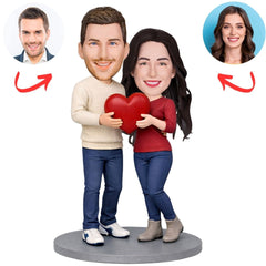 Couple Wearing Casual Shirts Holding Heart Custom Bobbleheads