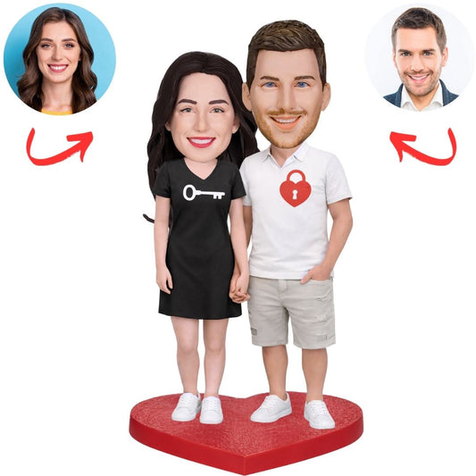 Couple Wearing Matching Outfits Featuring Lock and Heart Custom Bobbleheads