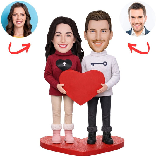 Love Heart Couple Wearing Sweaters Custom Bobbleheads
