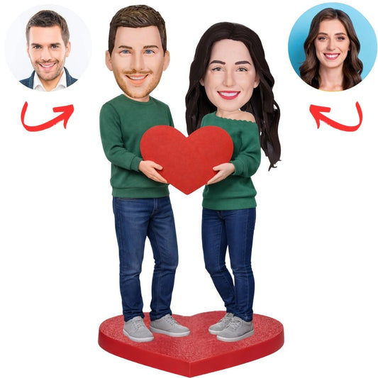 Couple Wearing Green Shirt and Heart Custom Bobbleheads