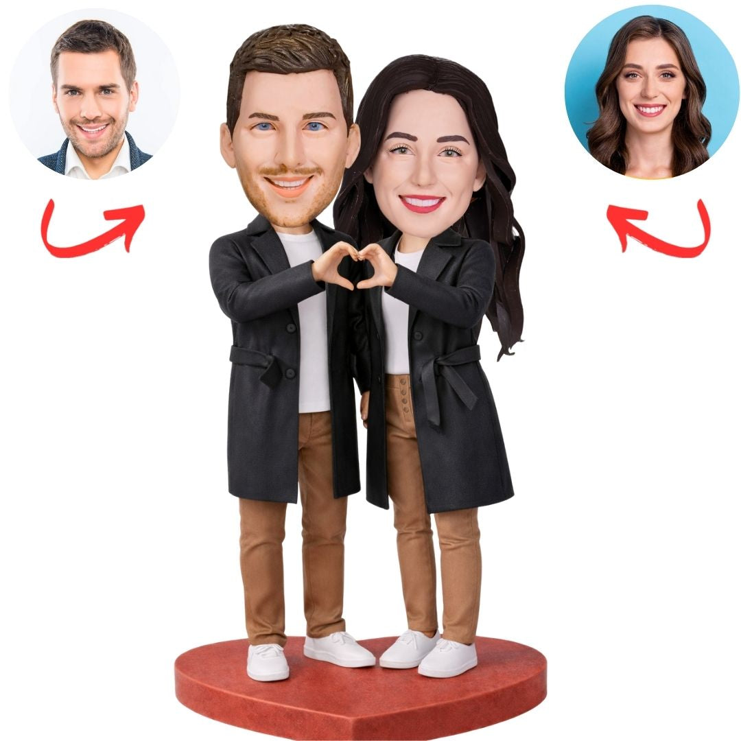 Couple Wearing Black Trench Coat Custom Bobbleheads