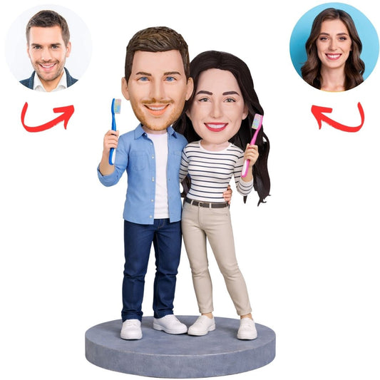Casual Couple Holding Toothbrush Custom Bobbleheads