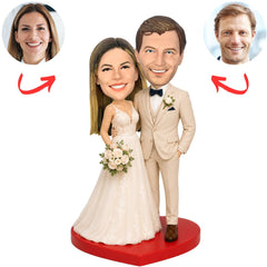 Wedding Couple in Ivory Bridal Gown and Beige Suit Custom Bobbleheads