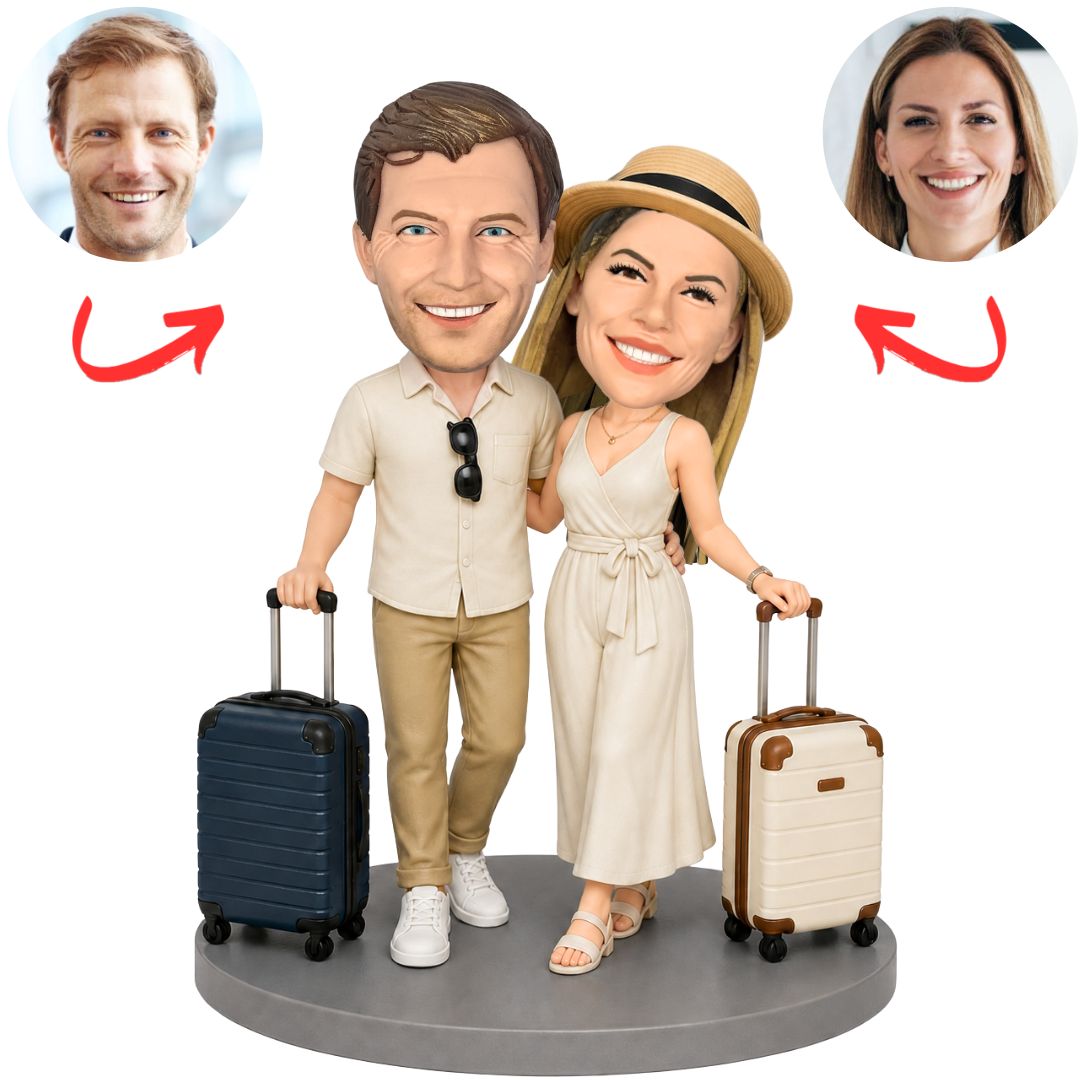 Travel Couple with Suitcases Custom Bobbleheads