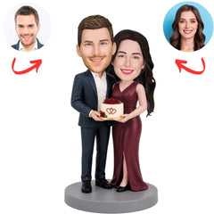 Anniversary Couple Holding a Heart Cake Custom Bobbleheads