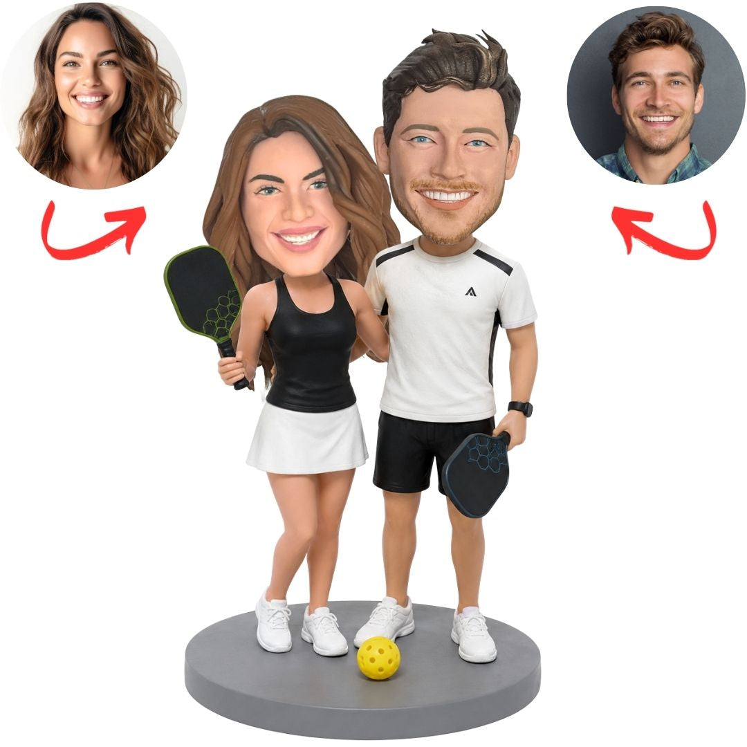 Pickleball Couple Holding Paddles Custom Bobbleheads