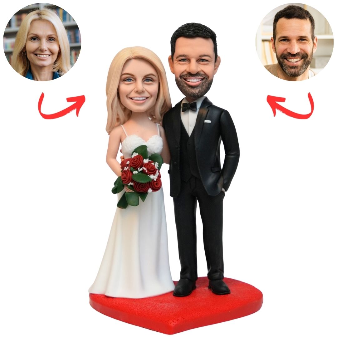 Wedding Couple with Red Roses on Heart Base Custom Bobblehead