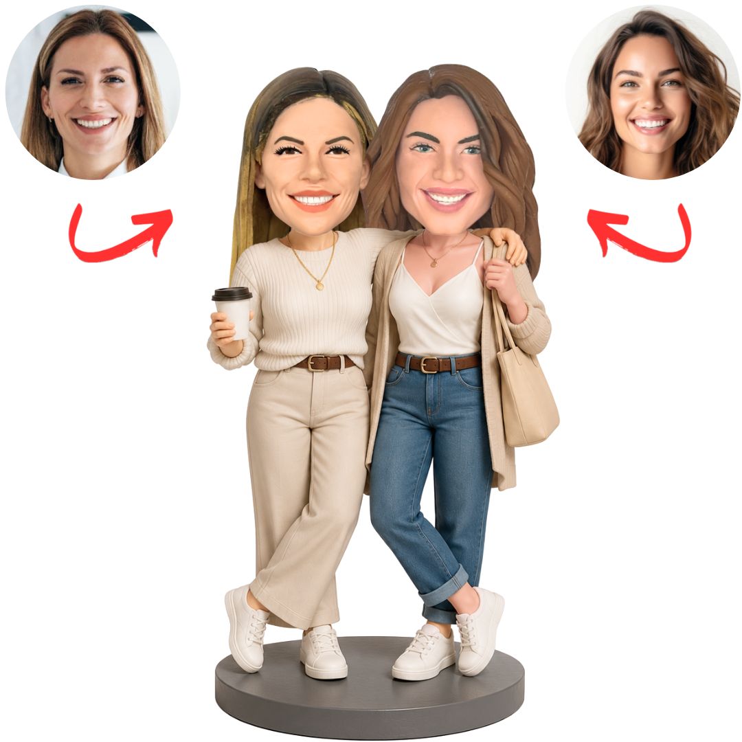 Two Women Friends in Beige and Denim Outfits Custom Bobbleheads Set