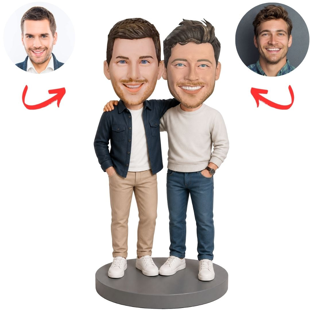Two Men Friends in Navy Jacket and White Sweater Custom Bobbleheads Set