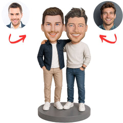 Two Men Friends in Navy Jacket and White Sweater Custom Bobbleheads Set