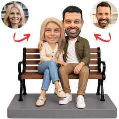 Couple Sitting Together on Wooden Bench Custom Bobbleheads Set