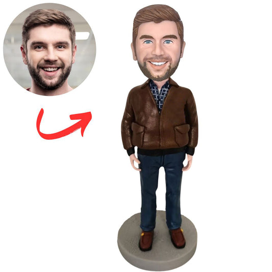 Stylish Man in Brown Jacket Custom Bobbleheads